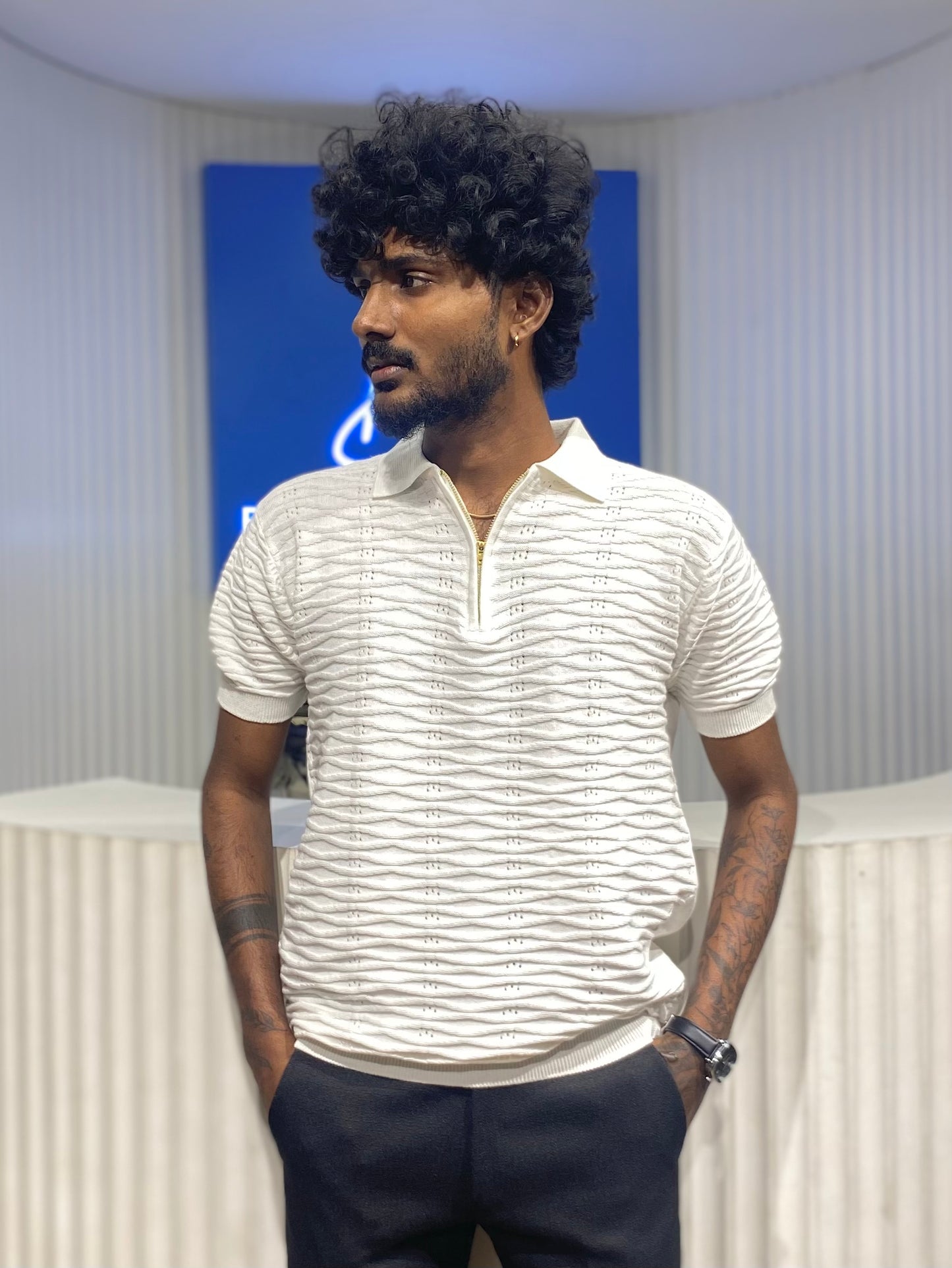 White Knitted Designer Textured Polo Tshirt