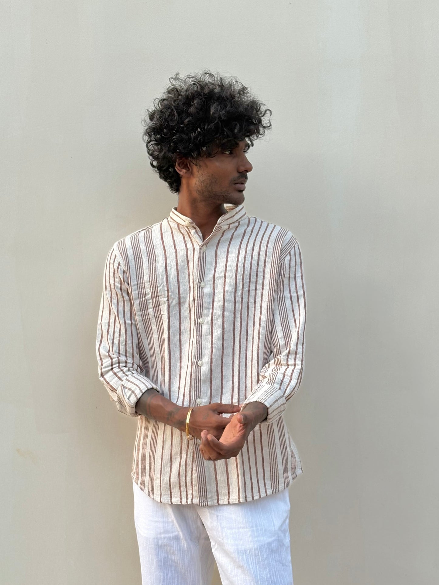 White And Brown Mandarin Collar Shirt