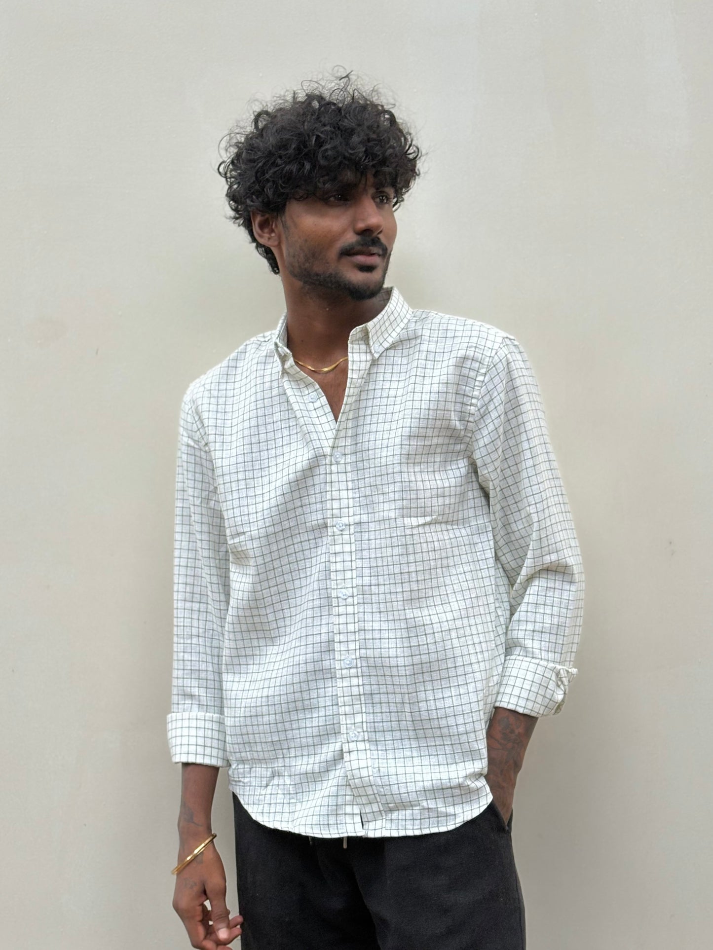 White And Green Checked Linen Shirt