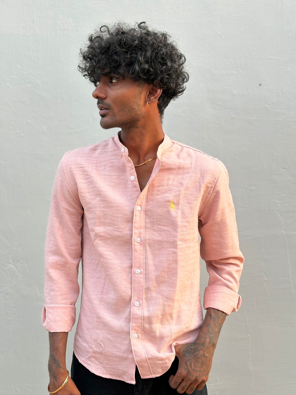 Pink Linen Blended Mandarin Collar Shirt