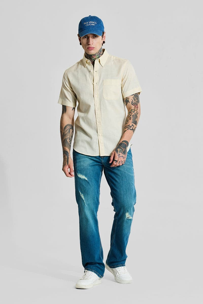 Yellow Linen Blend Slim Fit Shirt