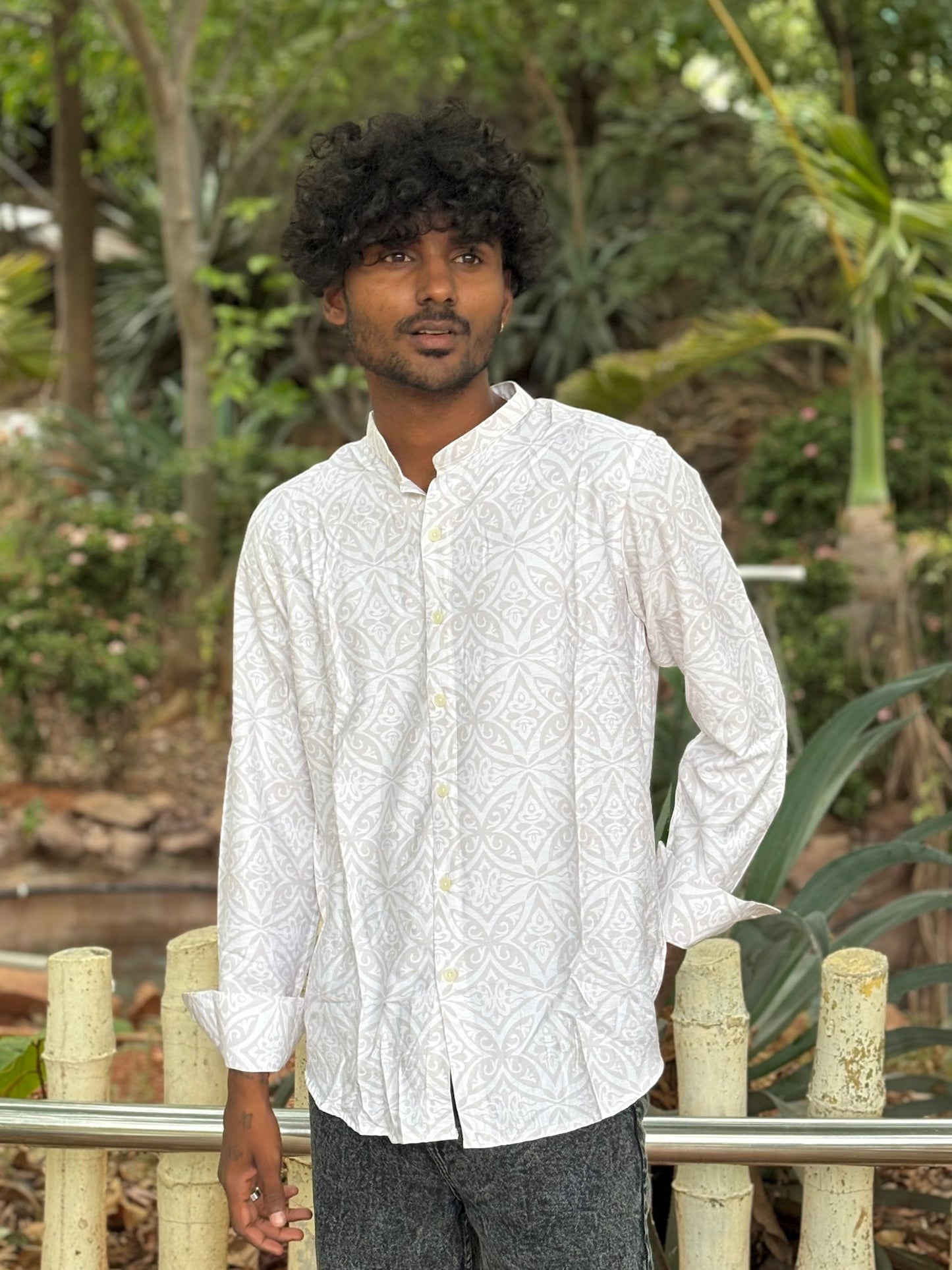 White And Pink Mandarin Collar Shirt