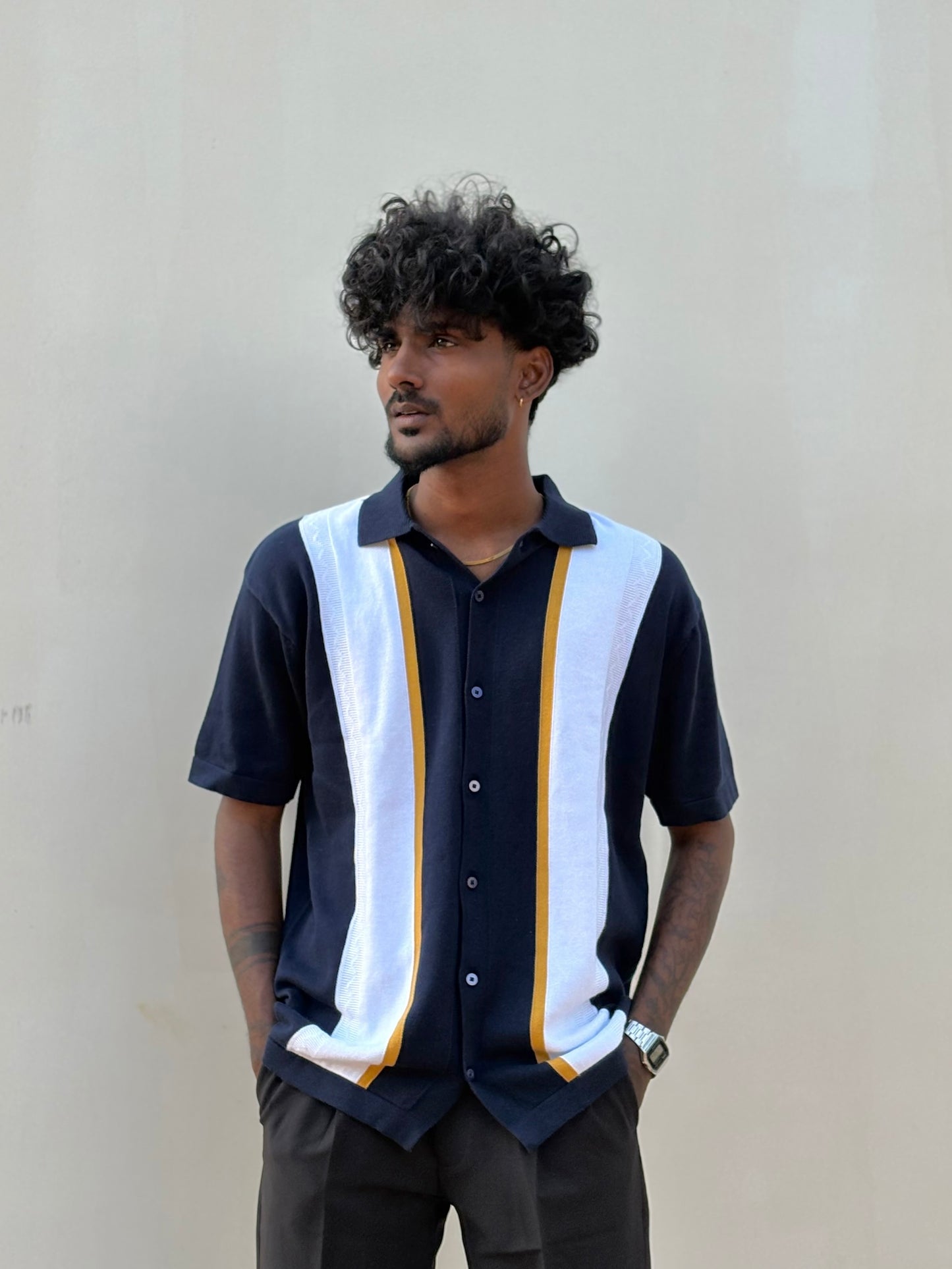 Navy Blue Flat Knit Half Sleeve Shirt