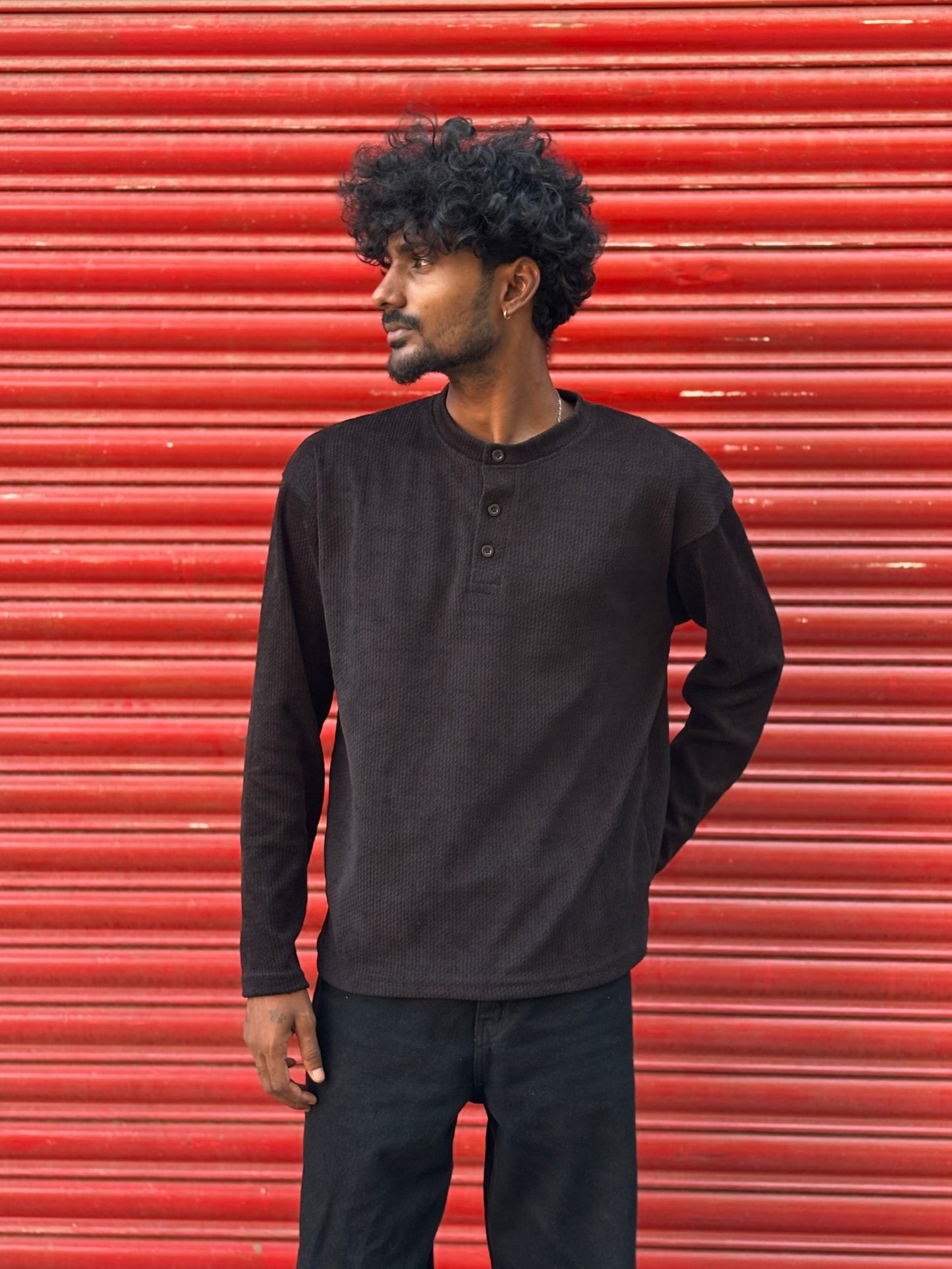 Black Henley Full Sleeve Tshirt