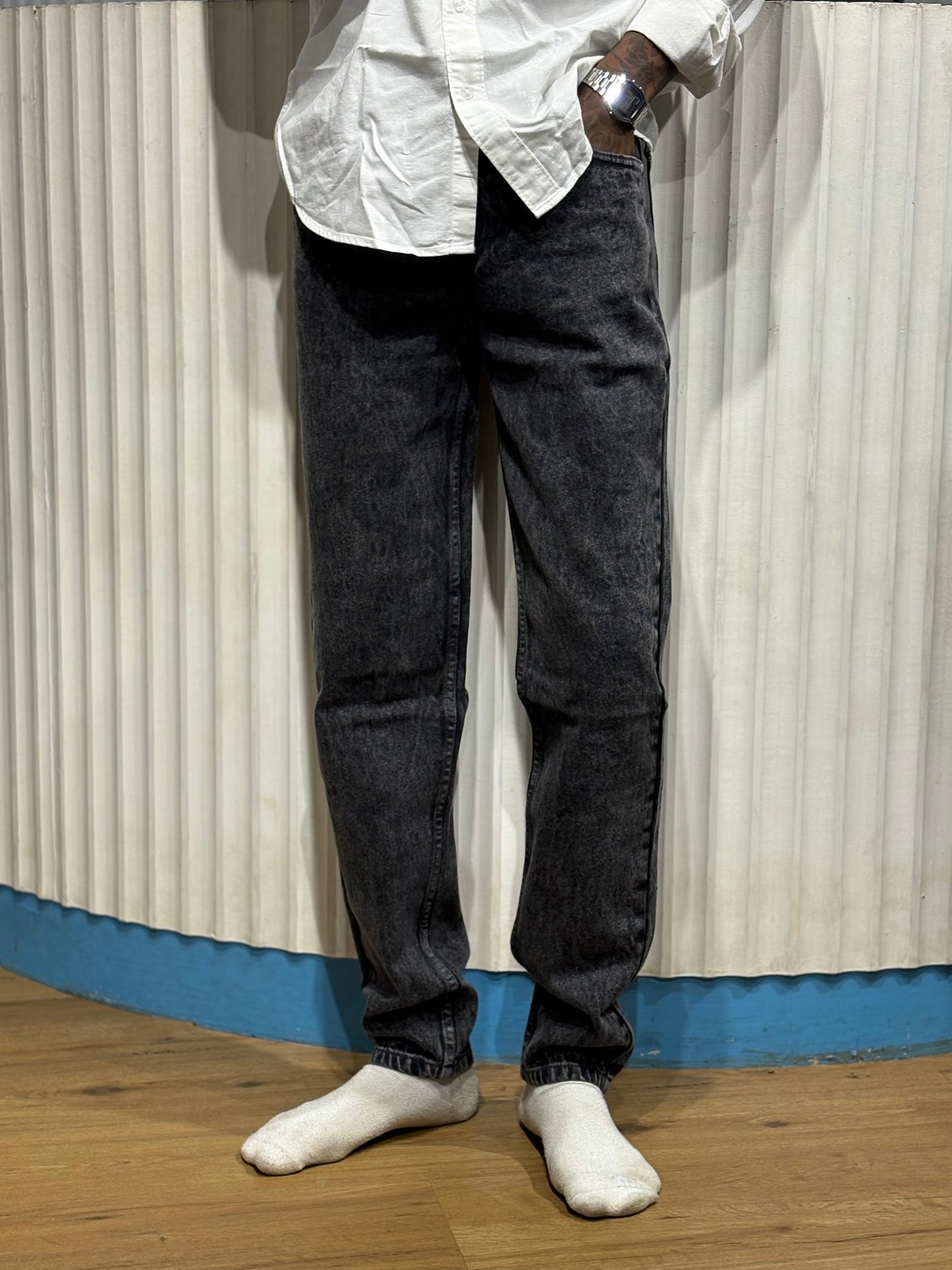 Acid Washed Dark Grey Semi Baggy Jeans