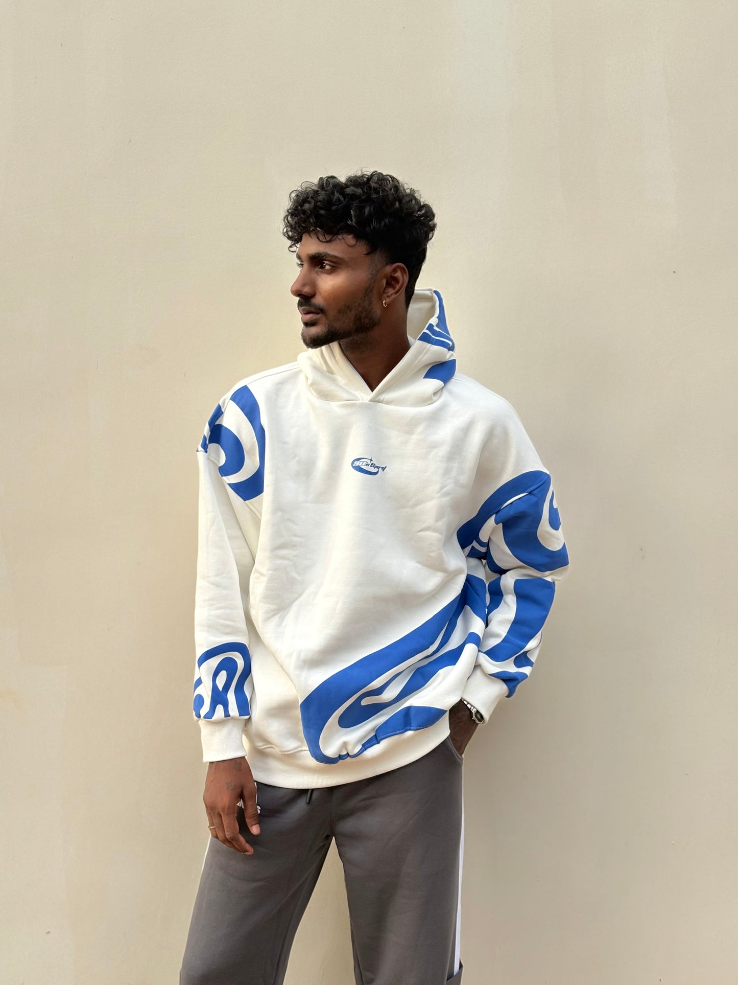 White And Blue Printed Oversized Hoodie
