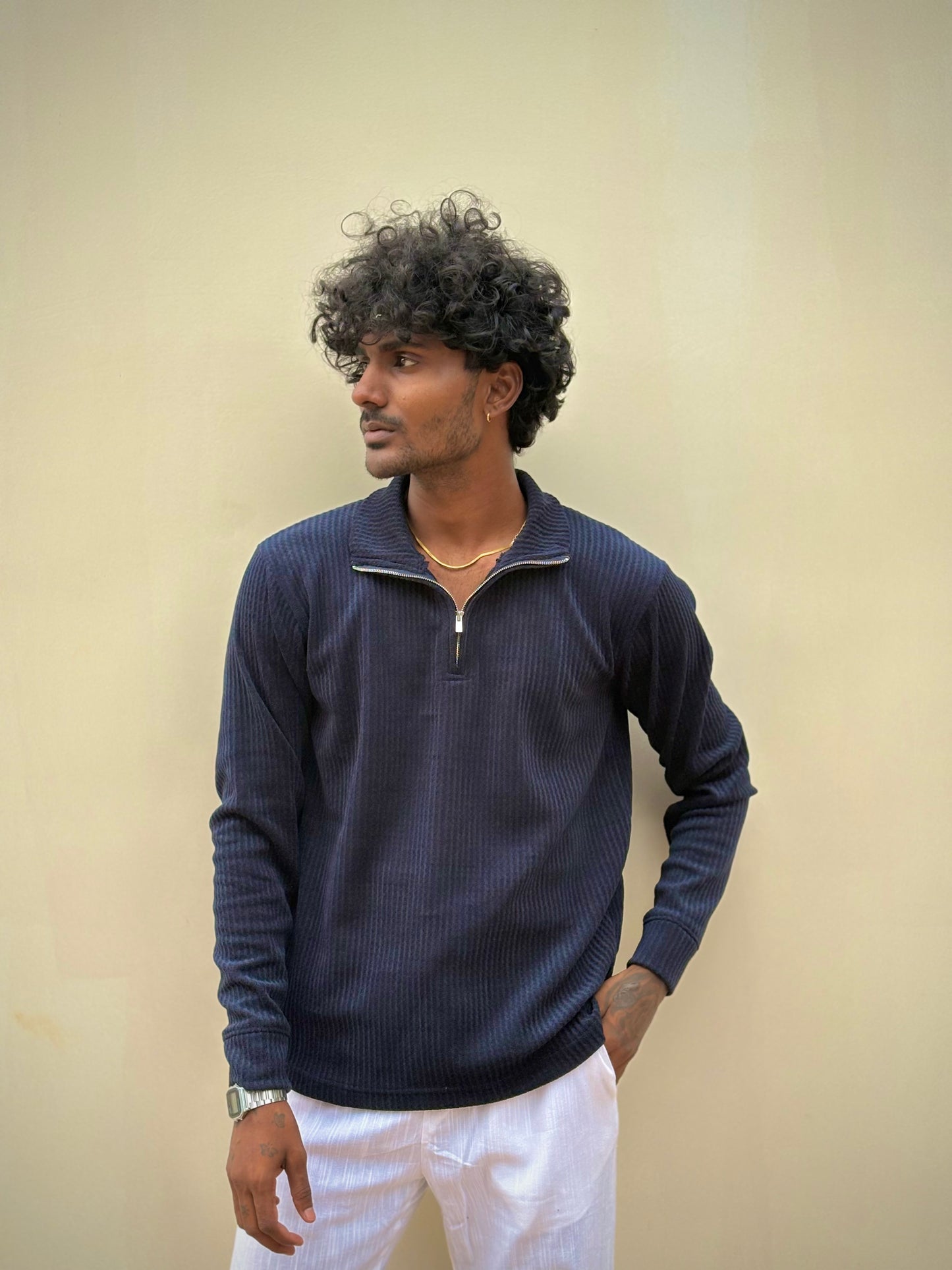 Navy Blue Zipper Polo Full Sleeve Tshirt