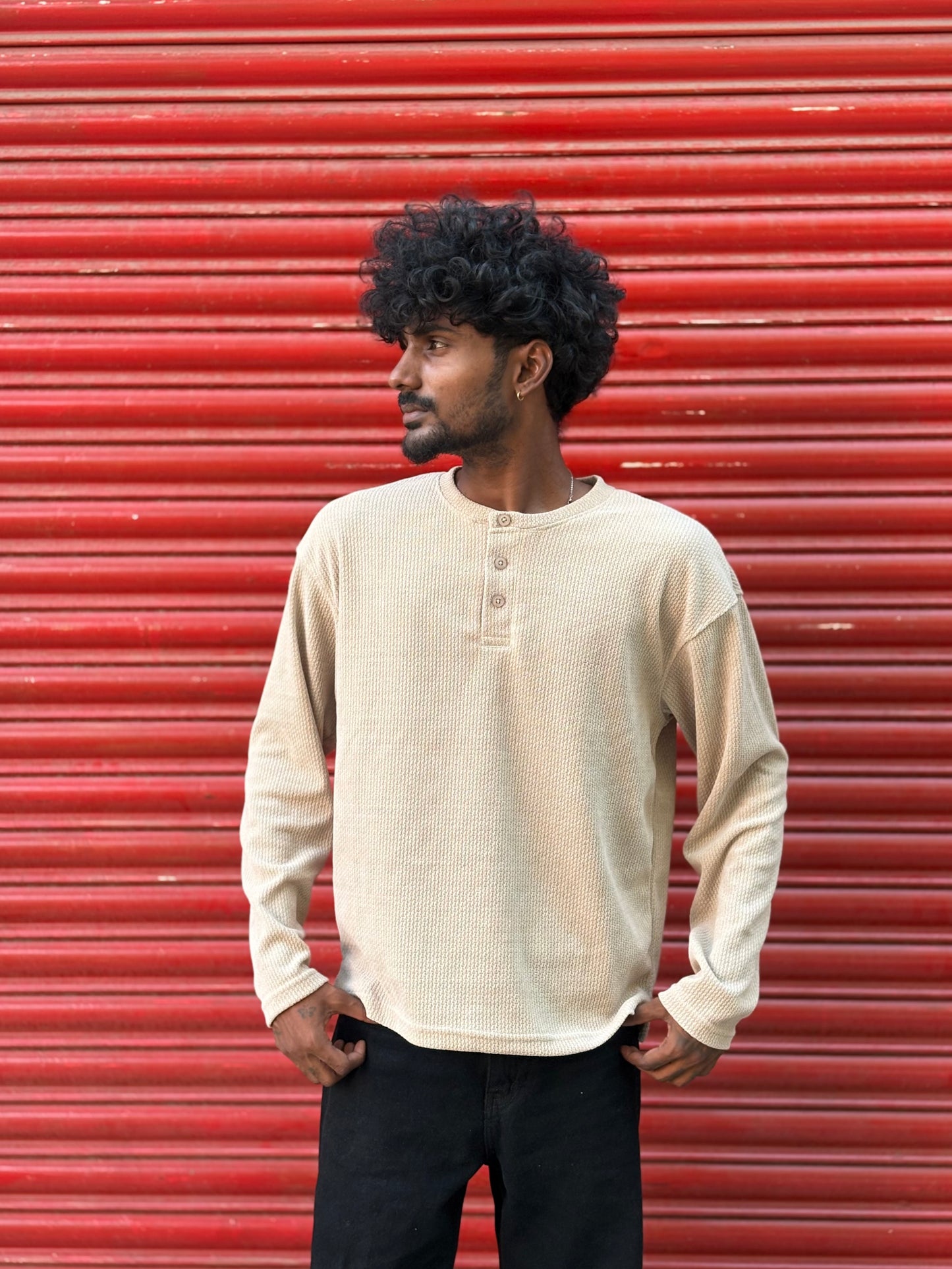 Off White Henley Full Sleeve Tshirt