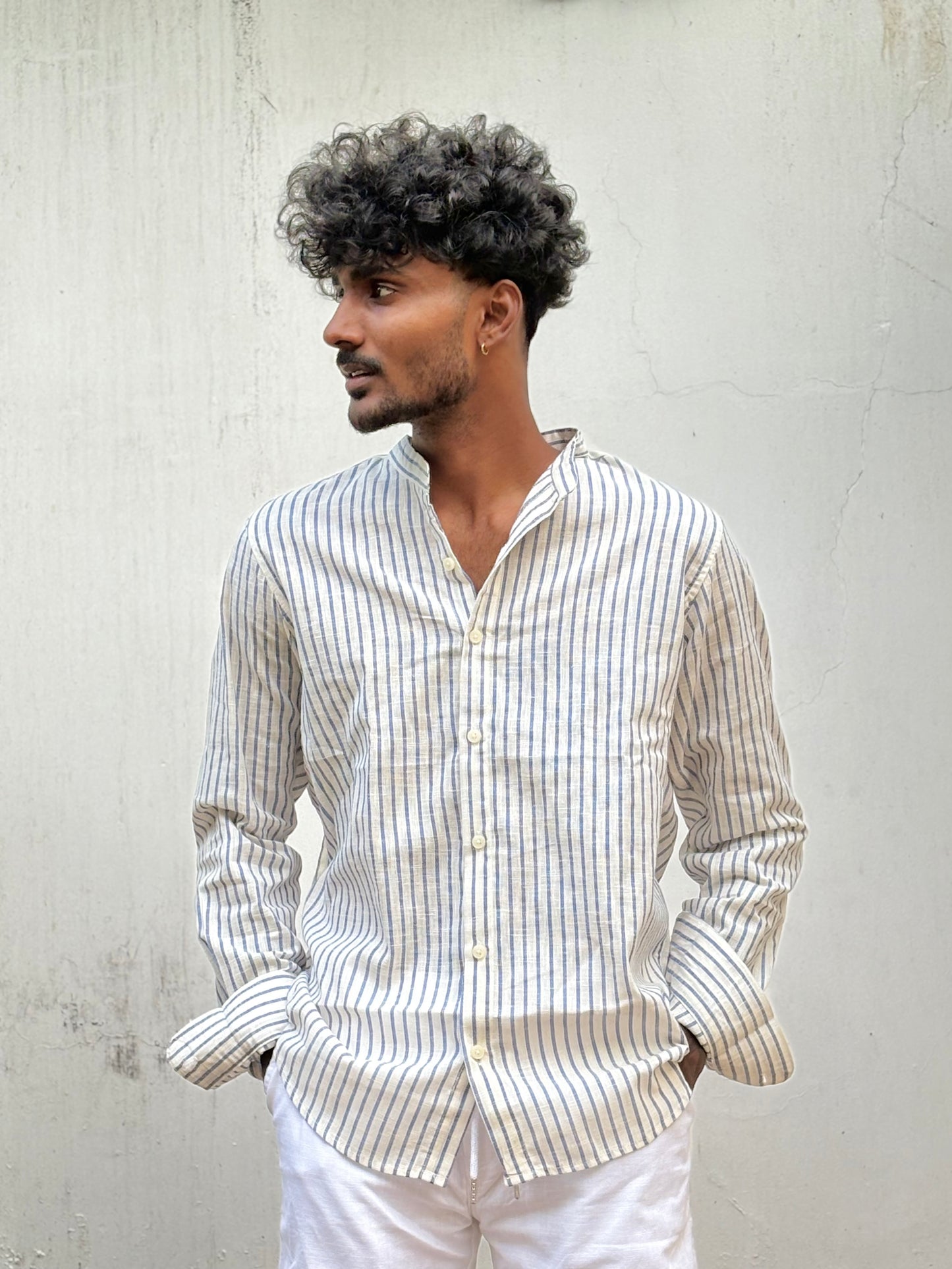 Mandarin Blue Striped Linen Shirt