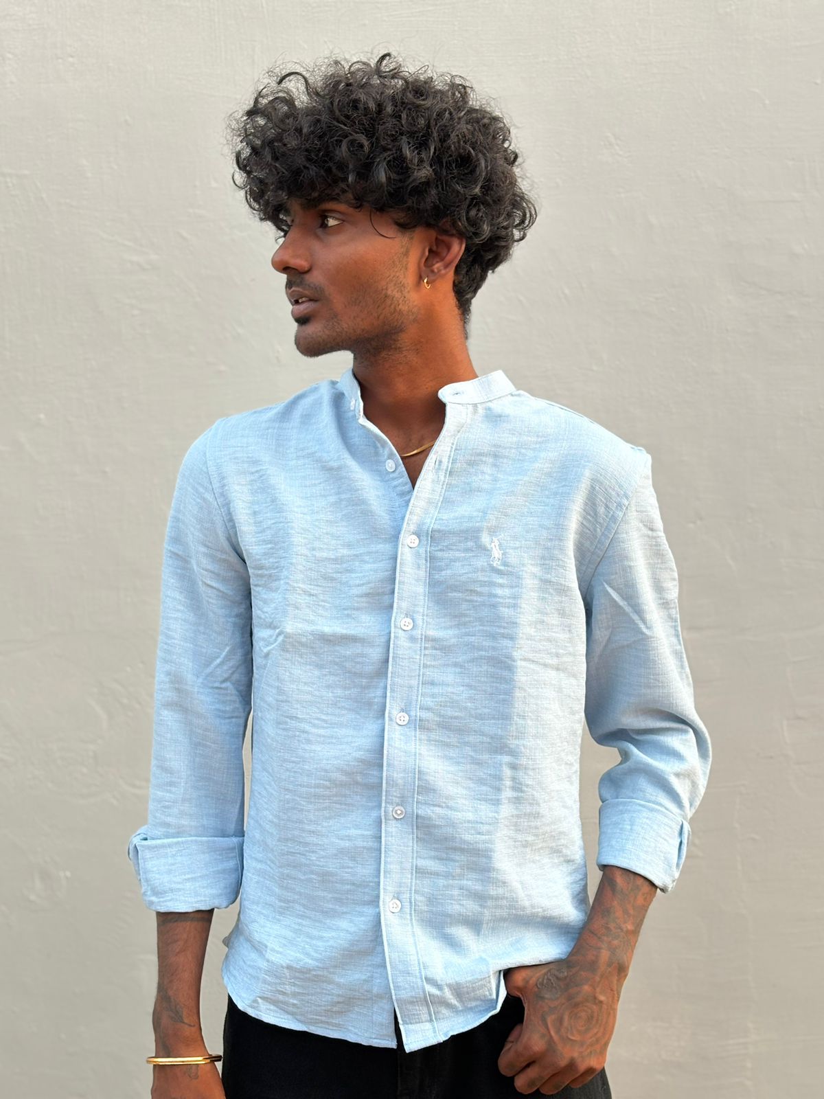 Light blue Linen Blended Mandarin Collar Shirt