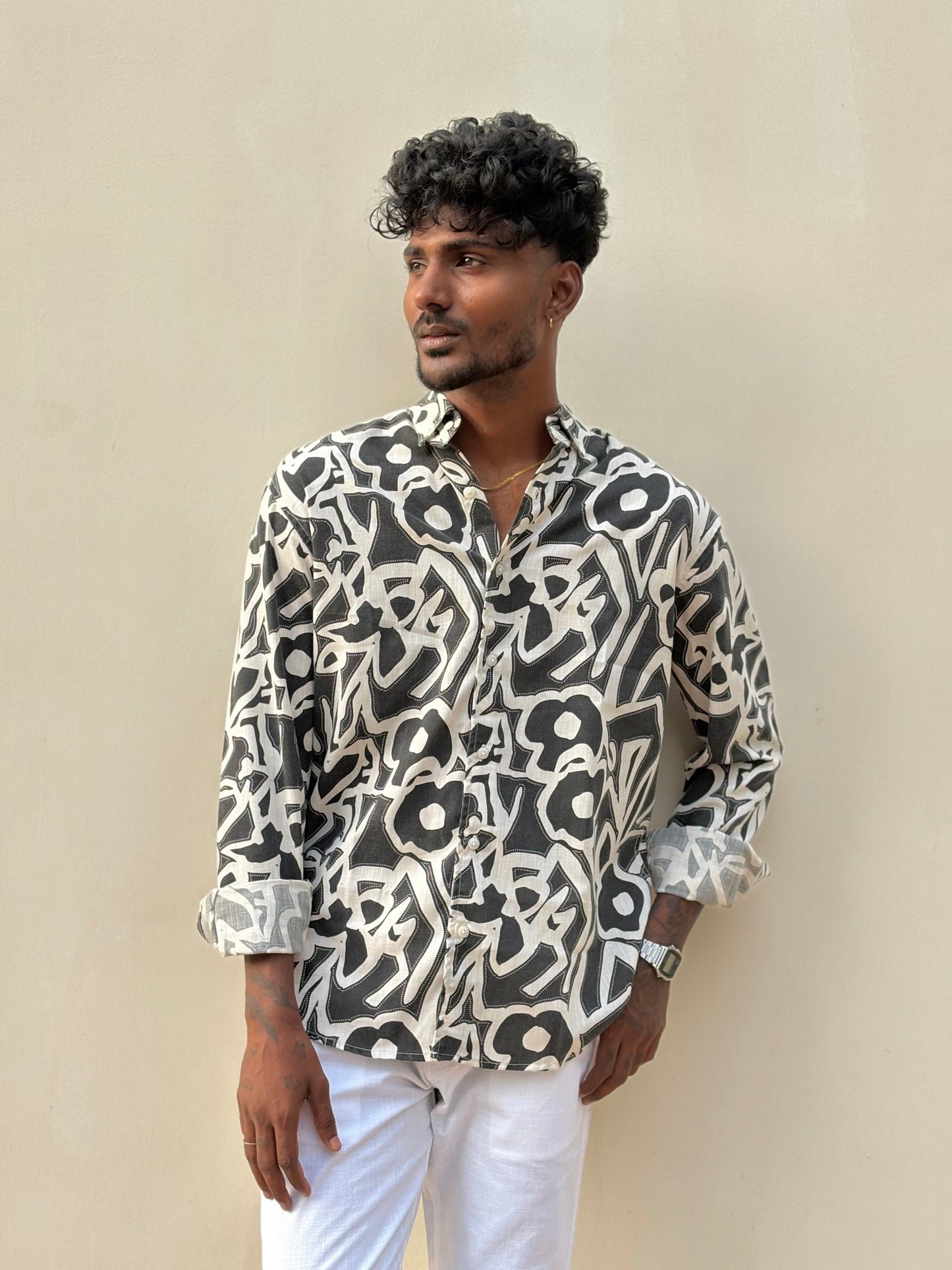 Black Printed Linen Shirt