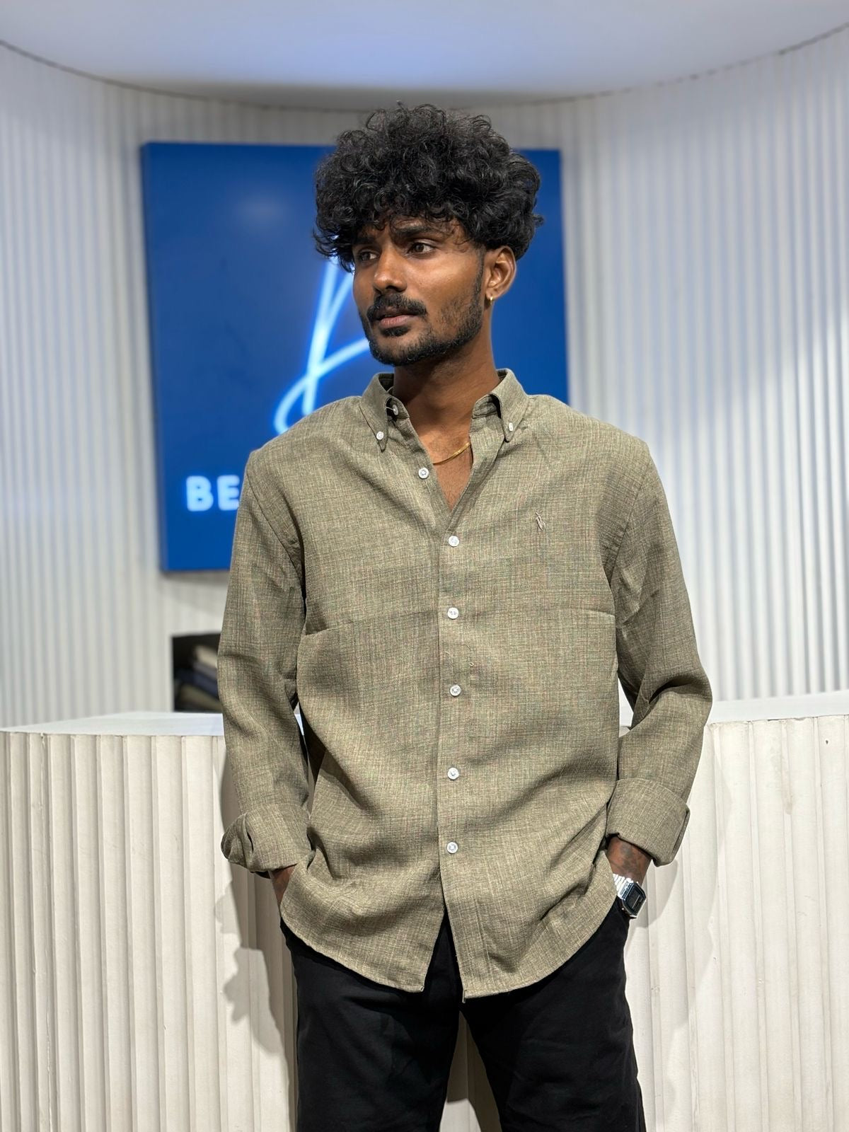 Olive Linen Blended Shirt