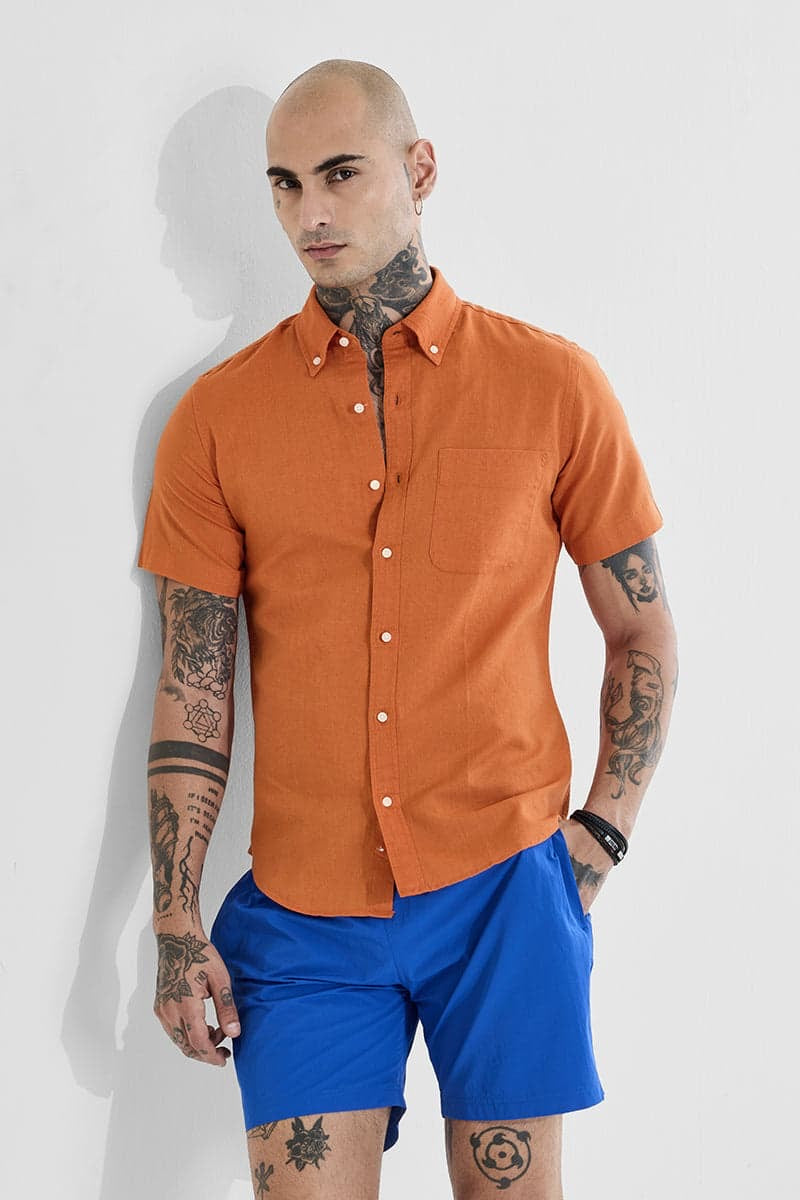 Orange Linen Blend Slim Fit Shirt