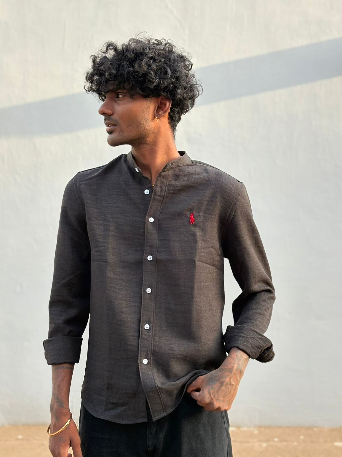 Black Linen Blended Mandarin Collar Shirt