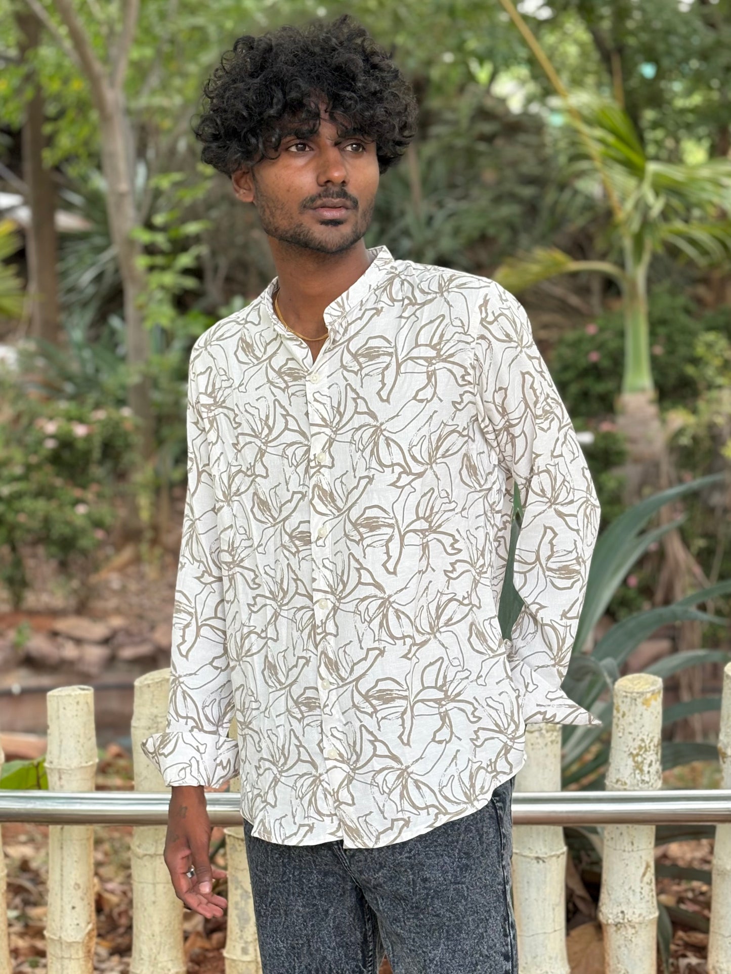 White And Brown Mandarin Collar Shirt