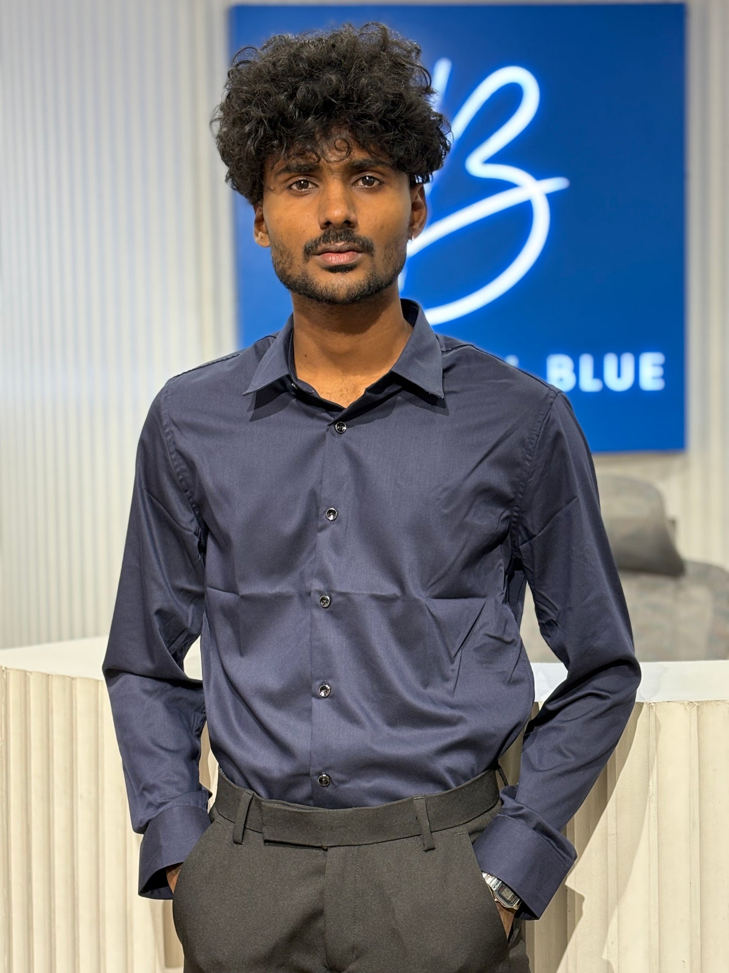 Navy Blue Slim Fit Liquid Shirt