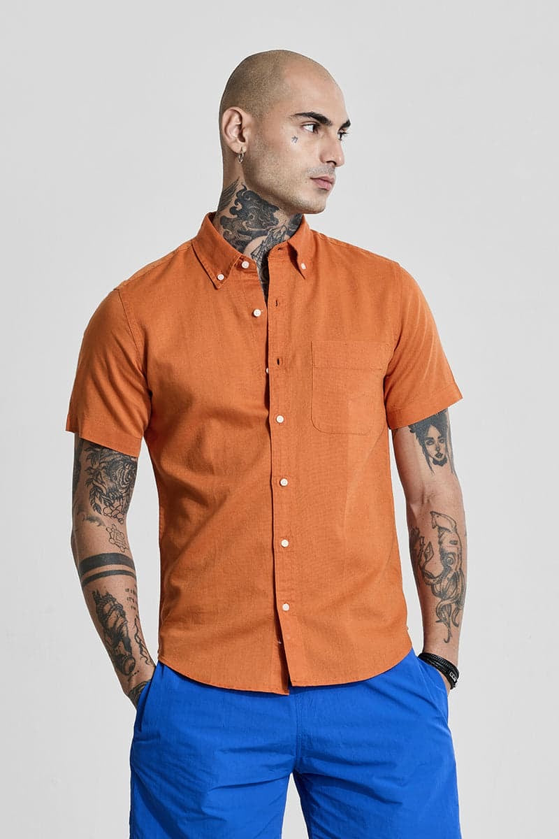 Orange Linen Blend Slim Fit Shirt