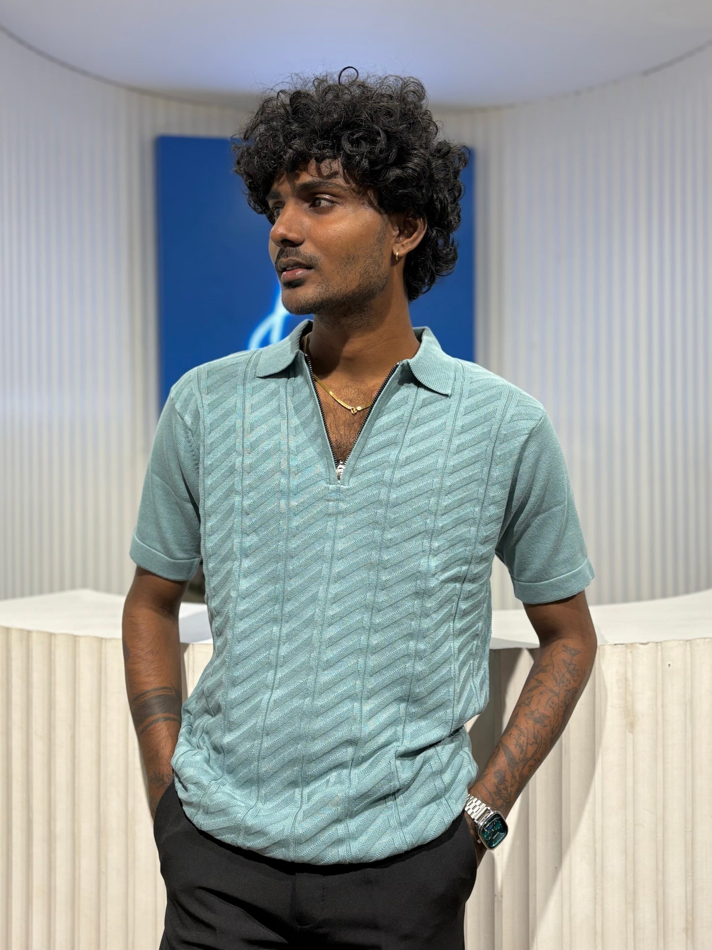 Teal Textured Zipper Polo T-shirt