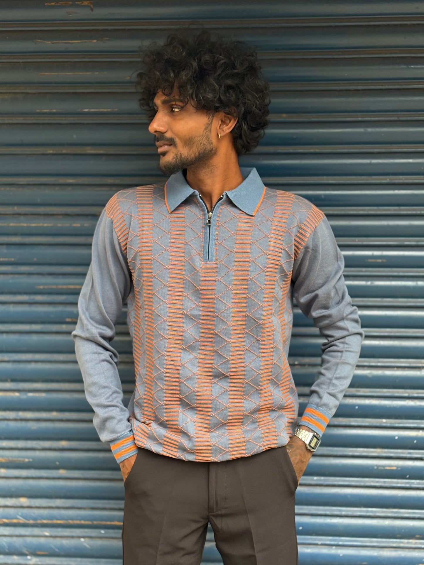 Blue And Orange Zipper Polo Full Sleeve Tshirt