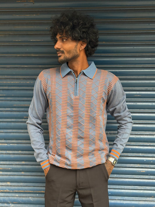 Blue And Orange Zipper Polo Full Sleeve Tshirt