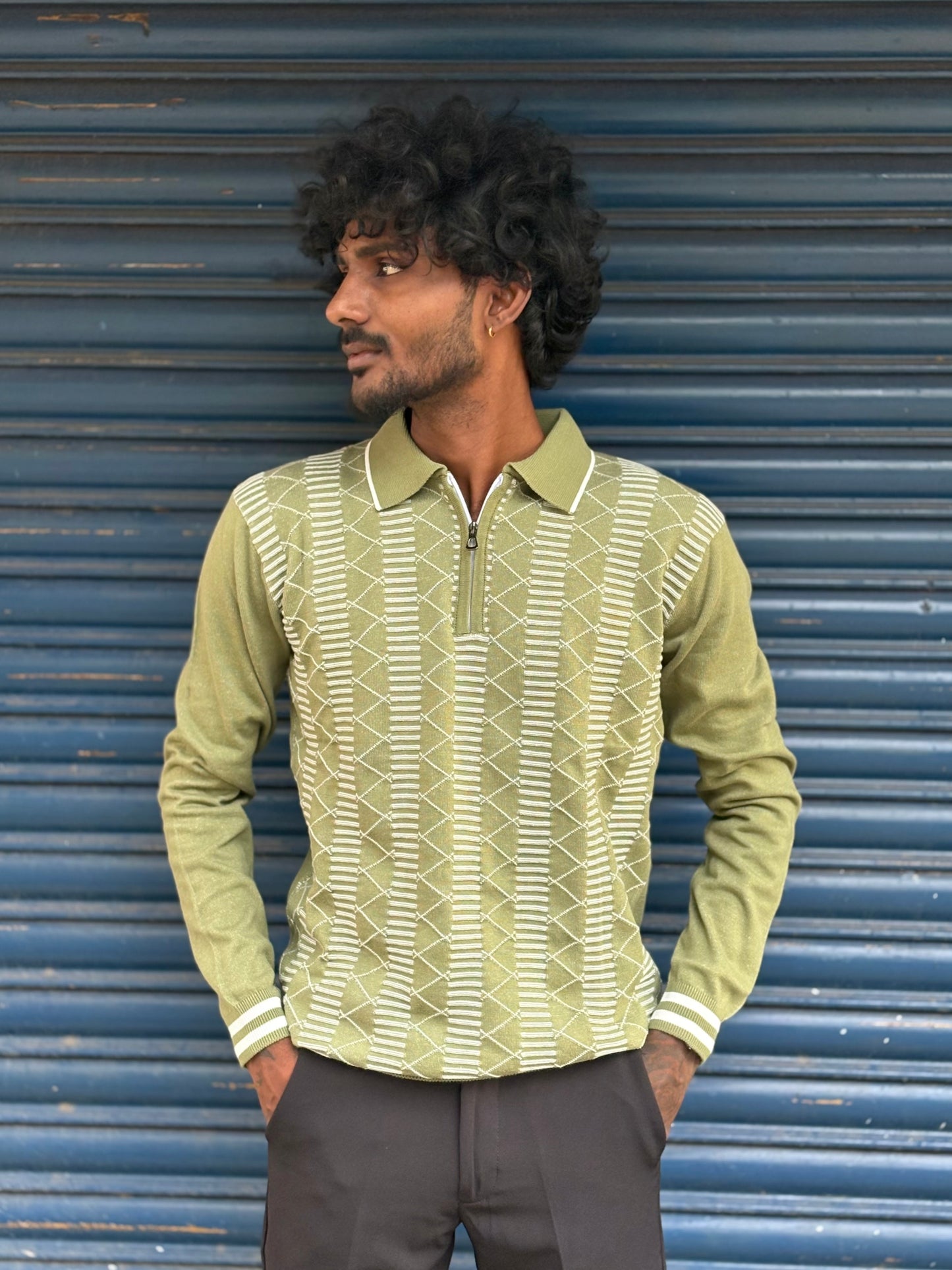 Green Zipper Polo Full Sleeve Tshirt