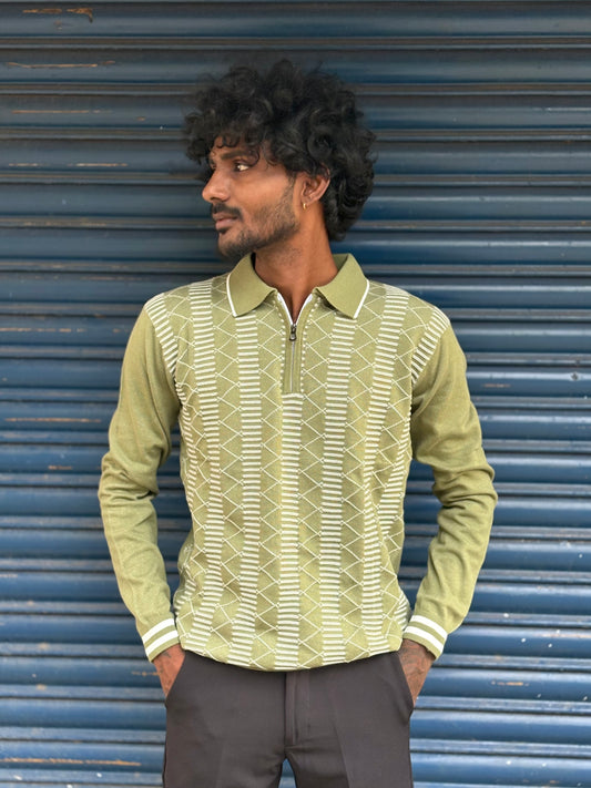 Green Zipper Polo Full Sleeve Tshirt
