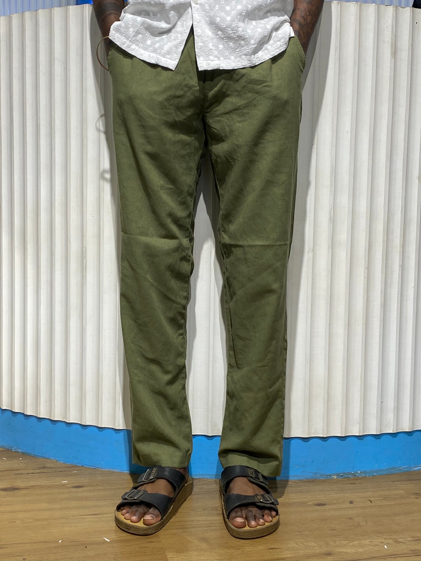 Olive Green Linen Drawstring Relaxed Fit Trousers