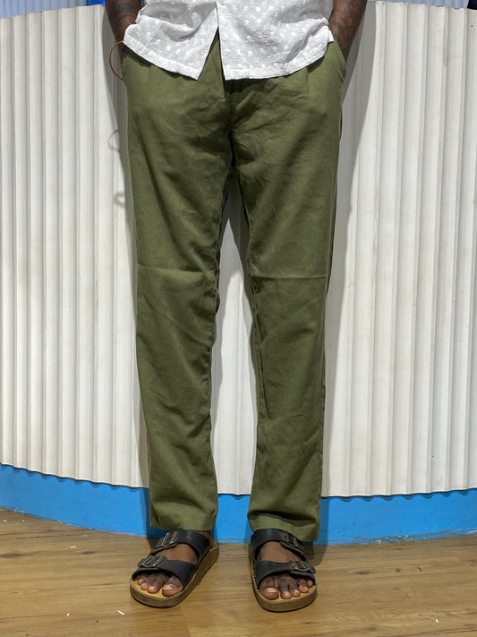 Olive Green Linen Drawstring Relaxed Fit Trousers