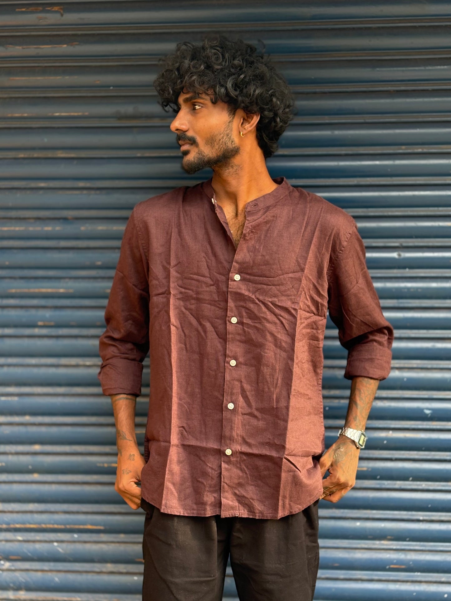 Brown Linen Mandarin Collar Shirt