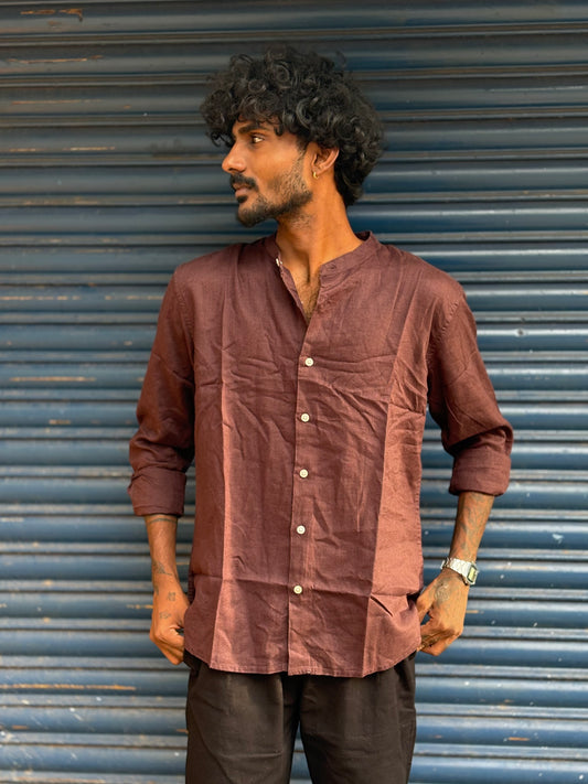 Brown Linen Mandarin Collar Shirt