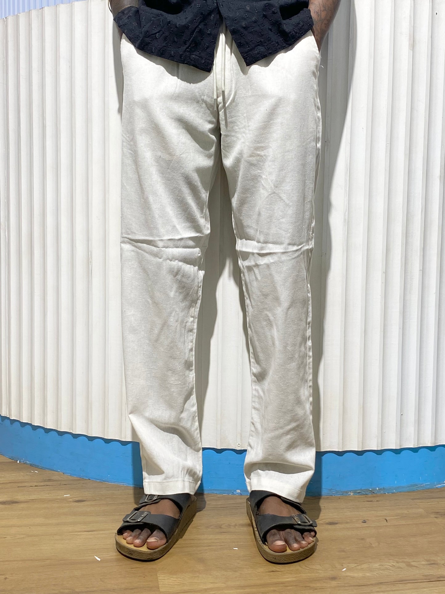 White Linen Drawstring Relaxed Fit Trousers