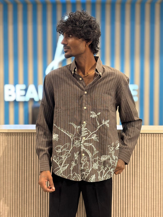 Brown Striped Embroidery Shirt