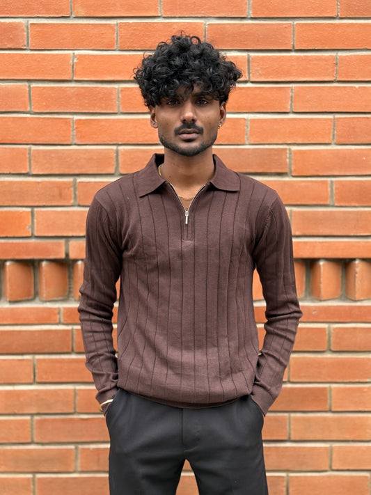 Brown Zipper Polo Full Sleeve Tshirt