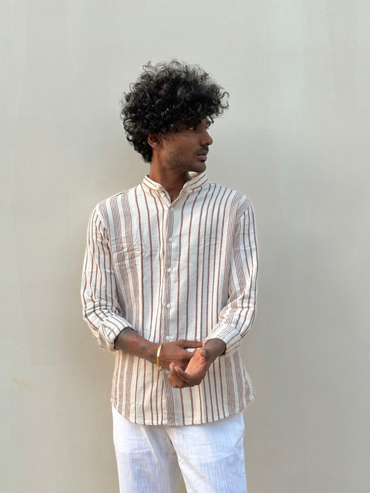 White And Brown Mandarin Collar Shirt