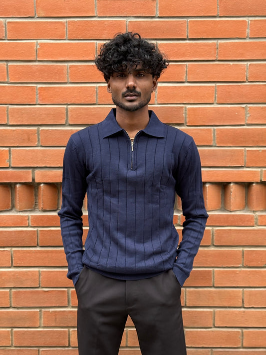 Blue Zipper Polo Full Sleeve Tshirt