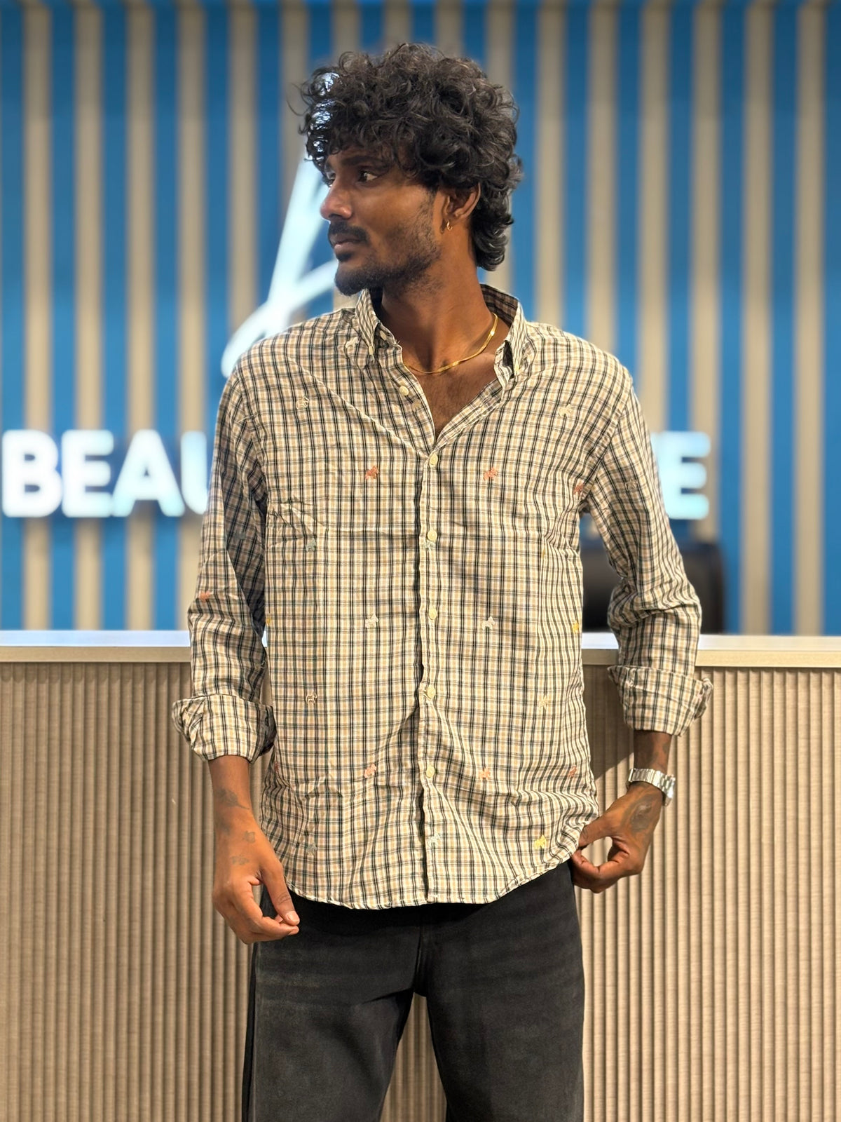 Beige Embroidery Checked Shirt