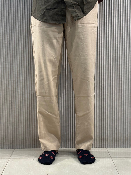 Beige Linen Relaxed Fit Draw String Pants