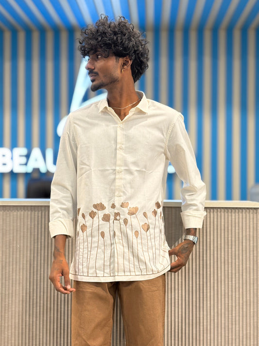 Off White Linen Bottom Embroidery Shirt