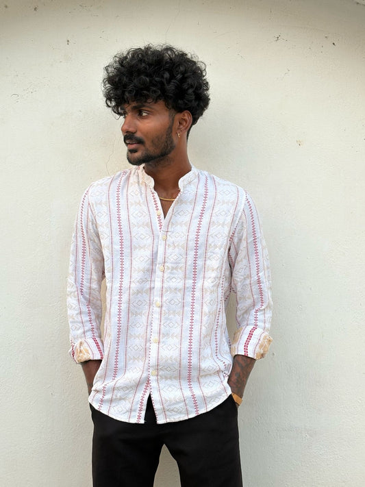 White And Red Mandarin Collar Shirt