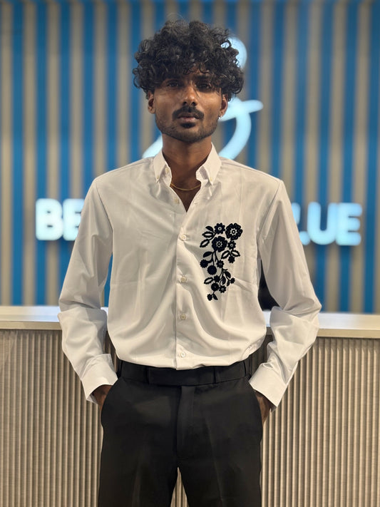 White Velvet Embroidery Designer Shirt
