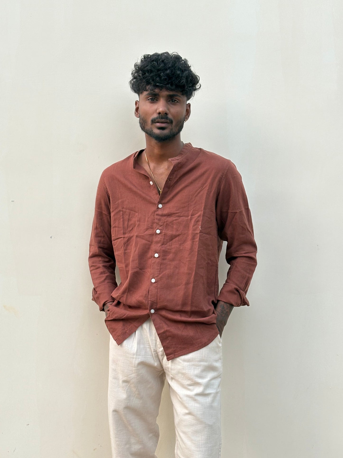 Brown Linen Mandarin Collar Shirt