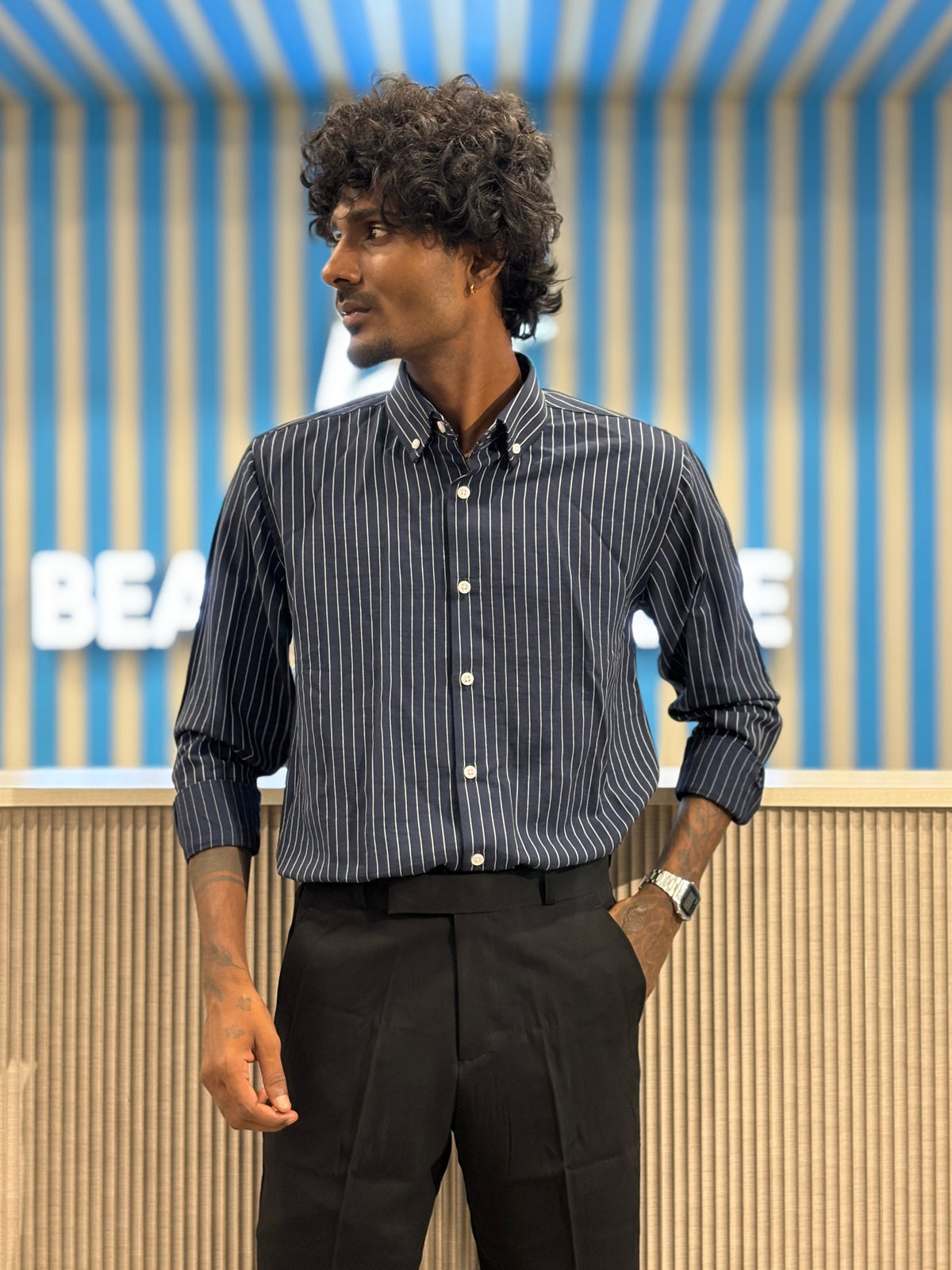 Navy Blue Striped Shirt