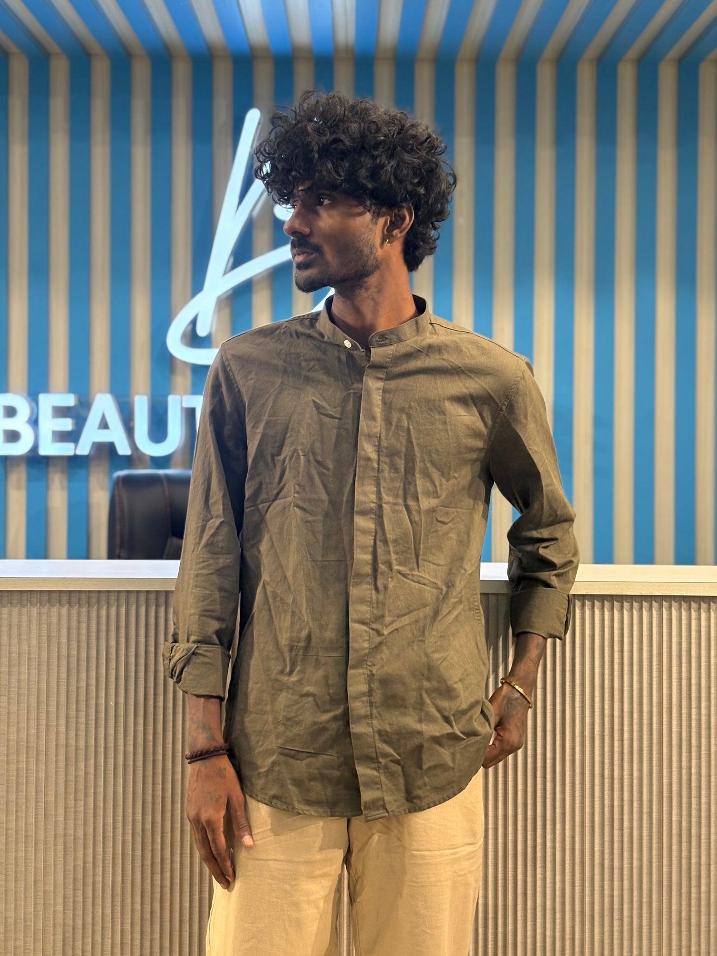 Olive Green Linen Mandarin Collar Shirt