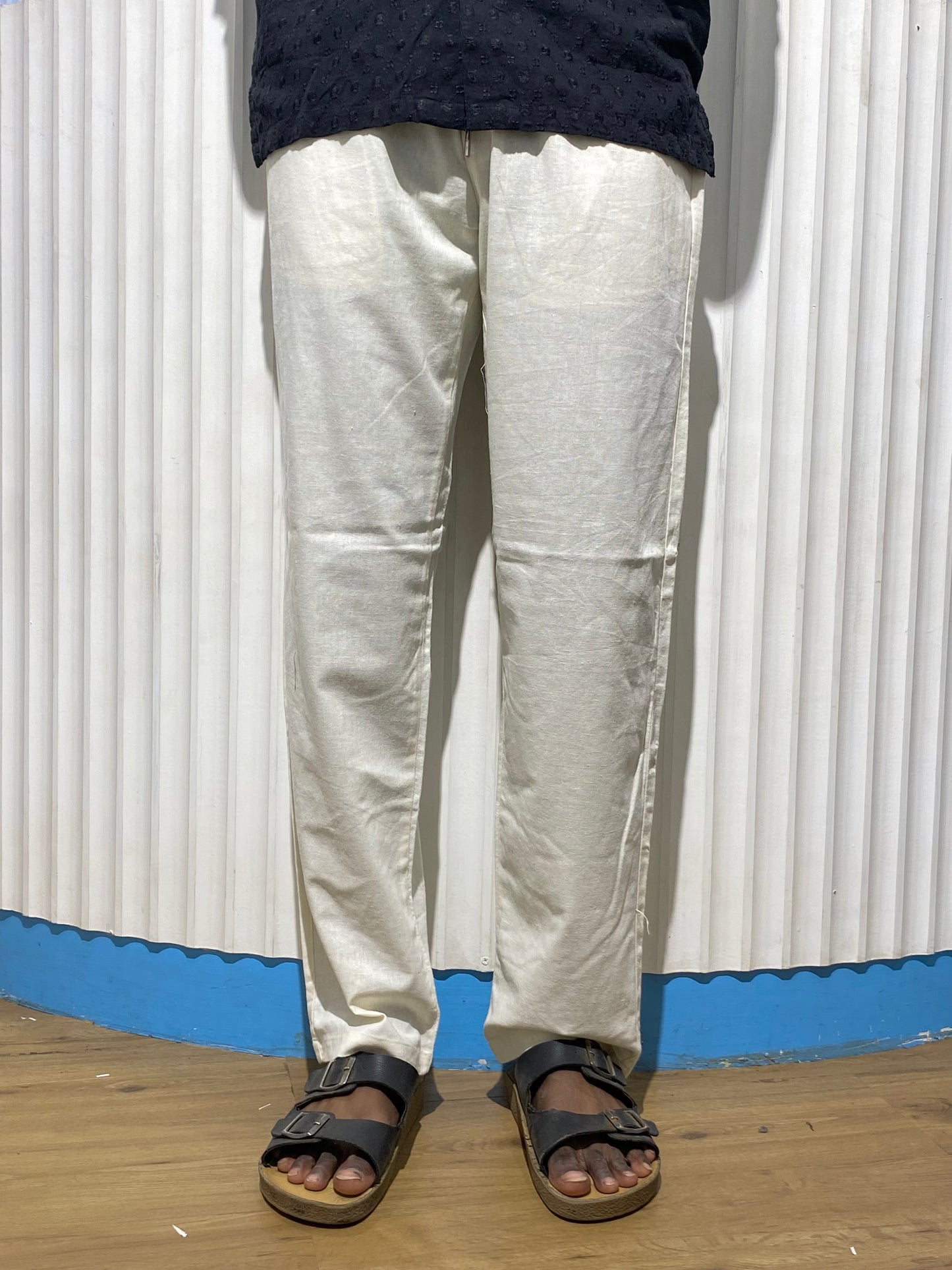 Cream Linen Drawstring Relaxed Fit Trousers