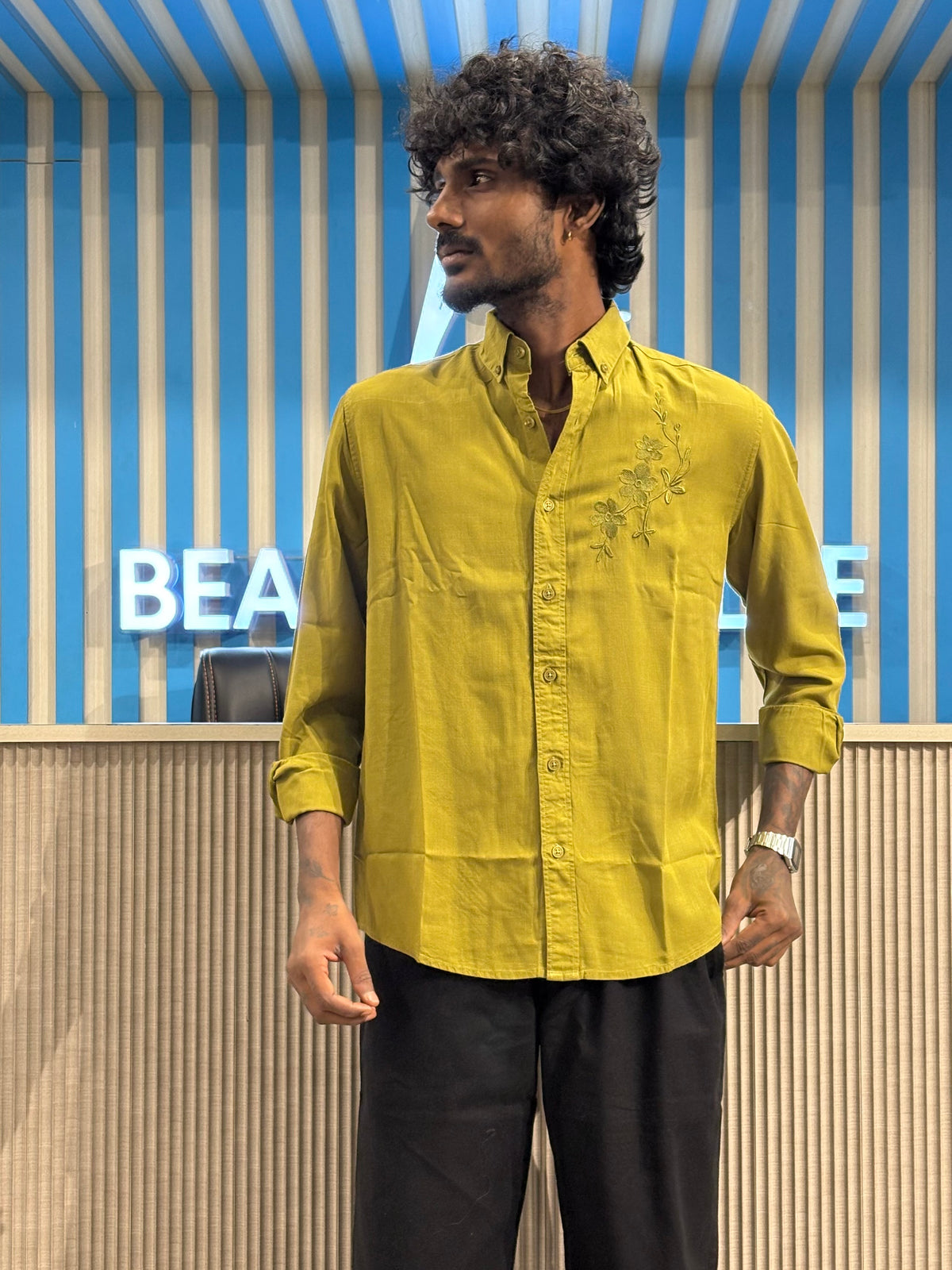 Green Chest Embroidery Shirt