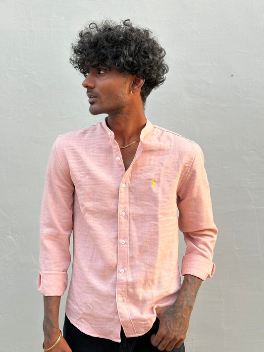 Pink Linen Blended Mandarin Collar Shirt