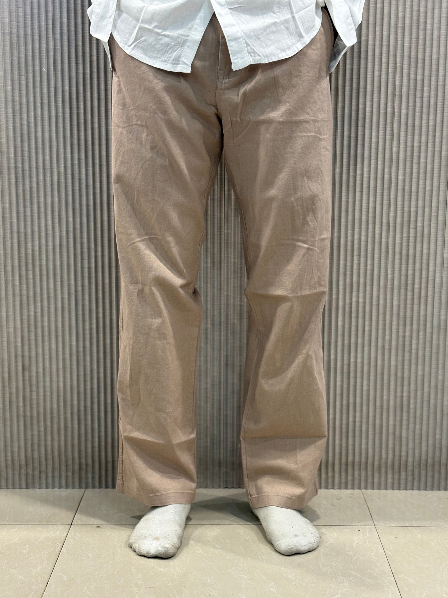 Beige Linen Relaxed Fit Draw String Pants