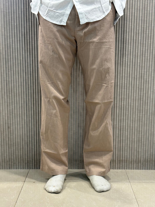 Beige Linen Relaxed Fit Draw String Pants