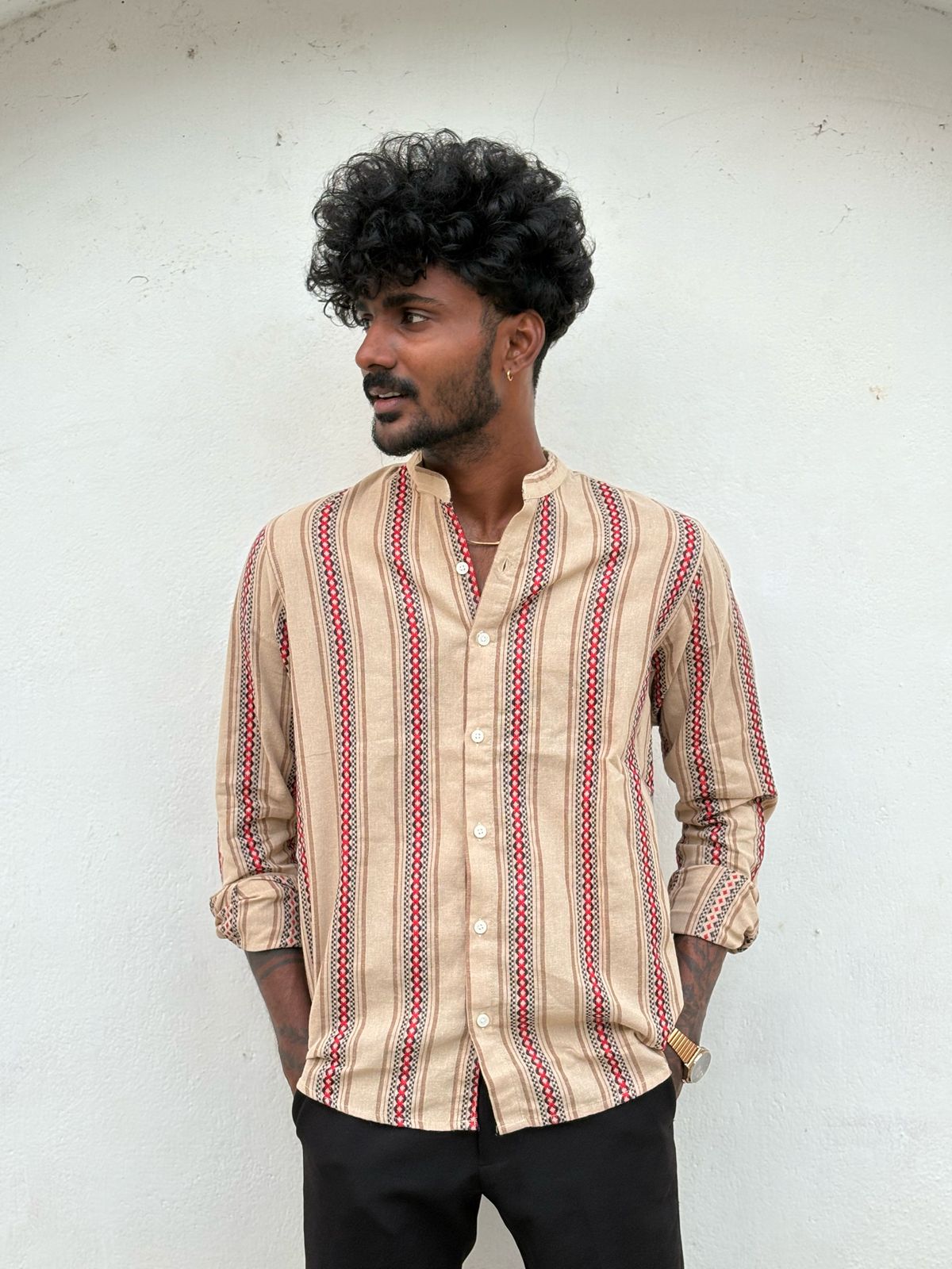 Brown And Red Mandarin Collar Shirt