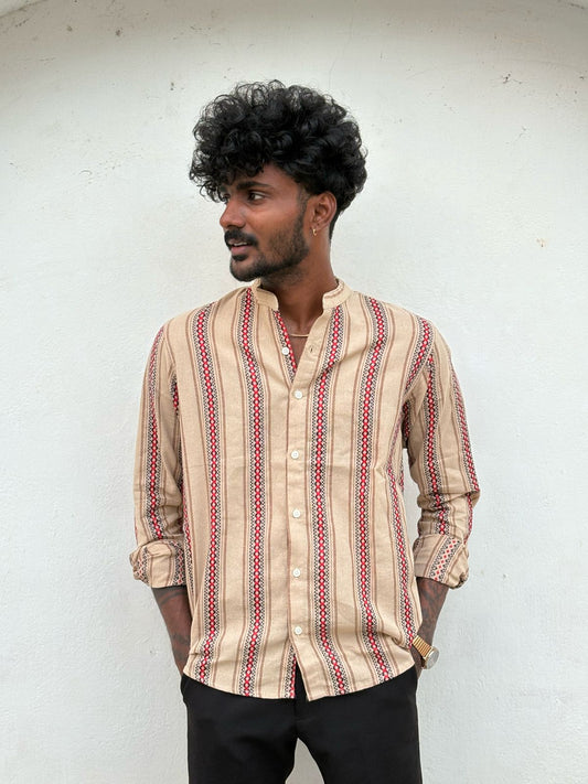 Brown And Red Mandarin Collar Shirt